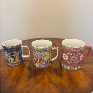 3 Colorful Ceramic Mugs 2 Chinese Floral and 1 Egyptian Pharaoh